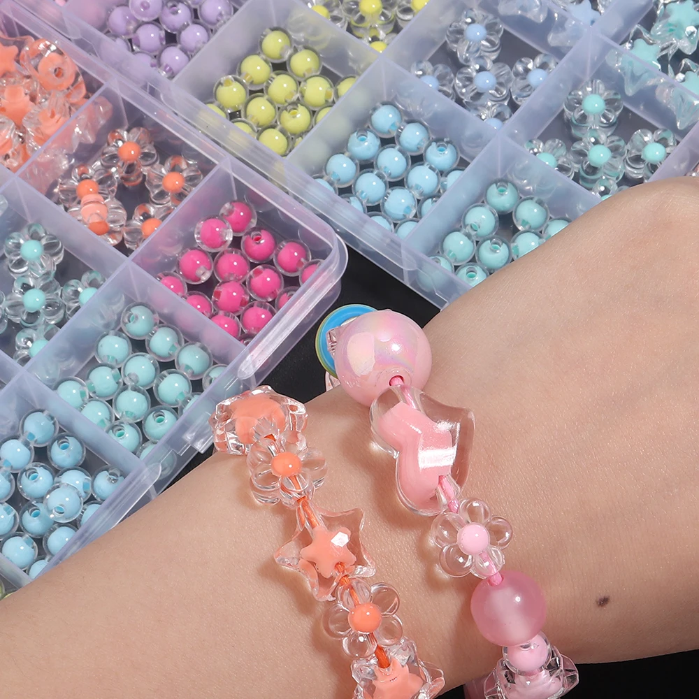 24 Grides Round Heart Flower Acrylic Beads Kits Loose Beads Box For Children Girls DIY Jewelry Making Kits Necklace Bracelet