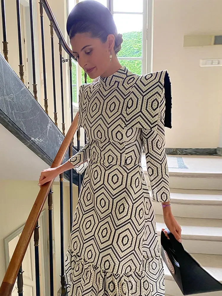 

Fashion Geometric Print Vacation Maxi Dress Woman Elegant High Collar High Waist Long Sleeve Robes 2024 Ladies Holiday Vestidos