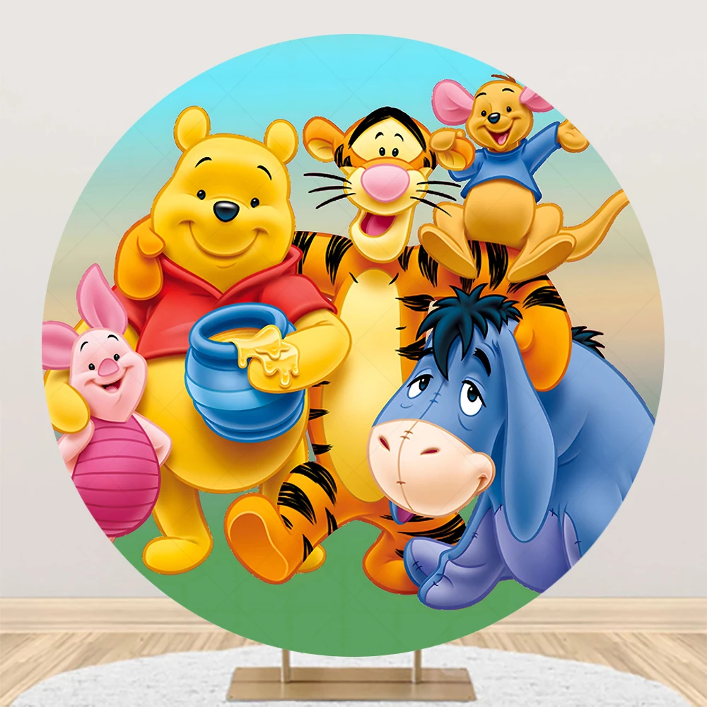 Custom Disney Cartoon Winnie the Pooh Round Backdrop Baby Shower Photography Background Kids 1st Birthday Party  Photocall Decor