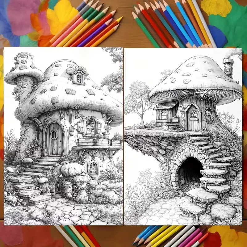 A4 Fantasy Fairy Homes Adult Coloring Book Whimsical House Illustrations Stress Relief Relaxation Creative Gift