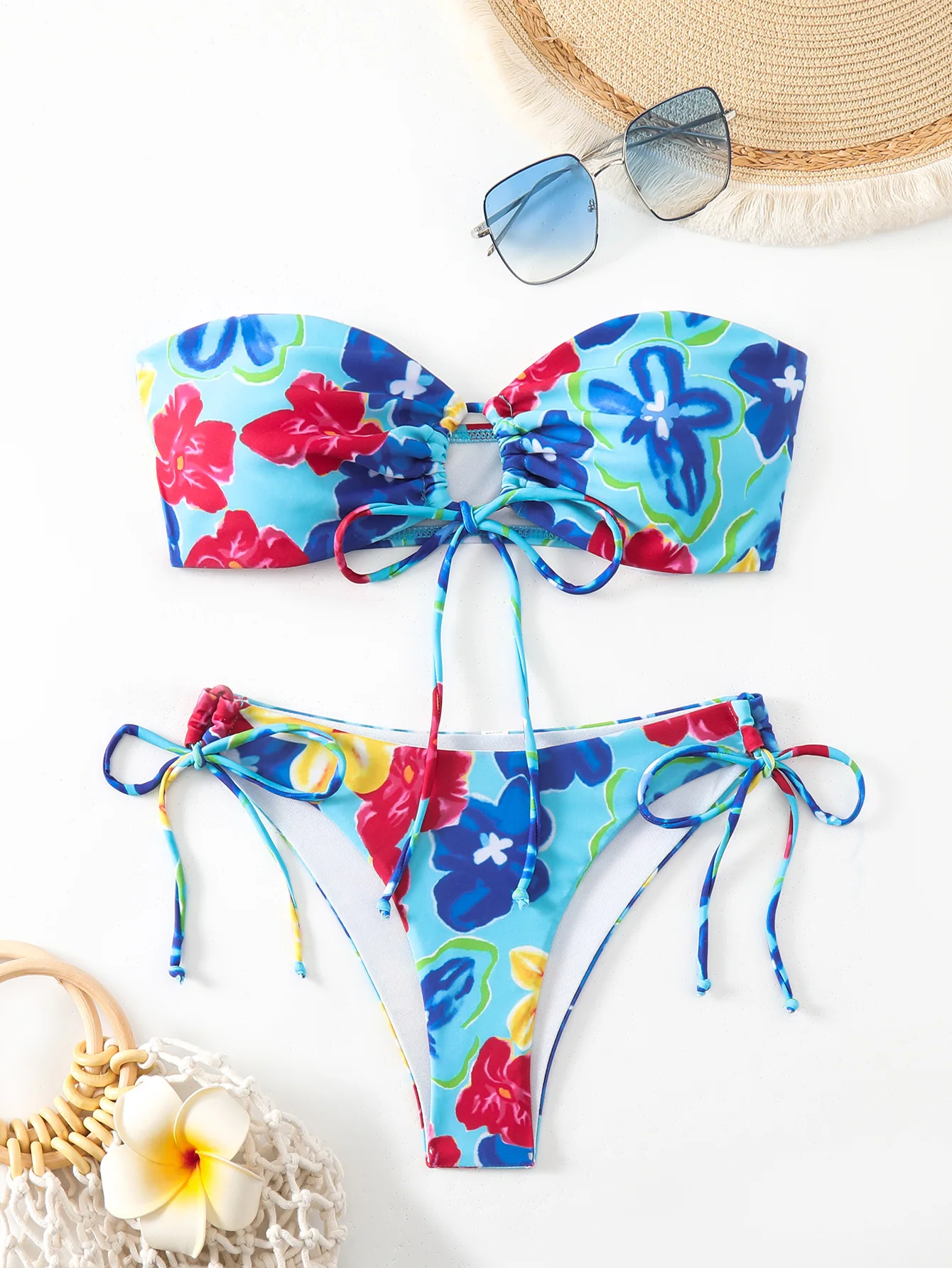 sexy flower print bandeau tie bow bikinis sets two pieces padded thong swimwear female bathing suit swimsuit biquini tankini