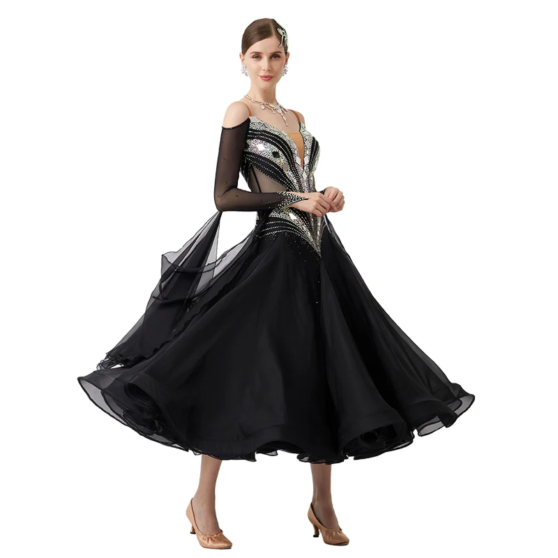 

B-23155 New Women Modern Dance Rhinestone Color Diversity Dress Ballroom National Standard Waltz Competition Performance