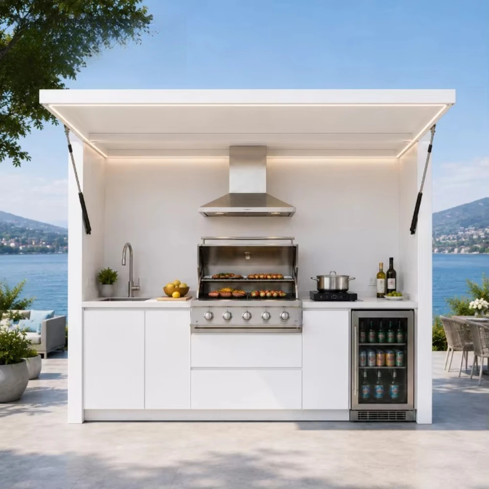 Custom Outdoor Kitchen Island Unit, BBQ Grill Sink Storage Cabinet, OEM ODM for Residential Backyard Use