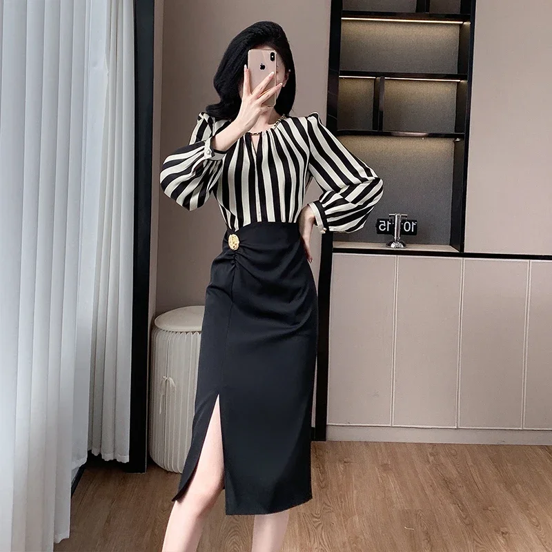 Elegant Striped Long-sleeved Slim Long Pencil Dress Formal Party Office Lady Work
