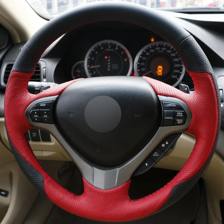 DIY Hand-stitched Car Steering Wheel Cover Black Red Leather for Honda Spirior OId Accord