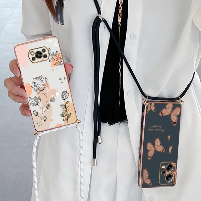 Plant Plating Diagonal Lanyard Phone Case For Xiaomi Poco X3 X4 GT X3 GT X5 M3 M5 M4 Pro M3 Pro X2 X3 NFC M5S C40 F4 F3 Cover