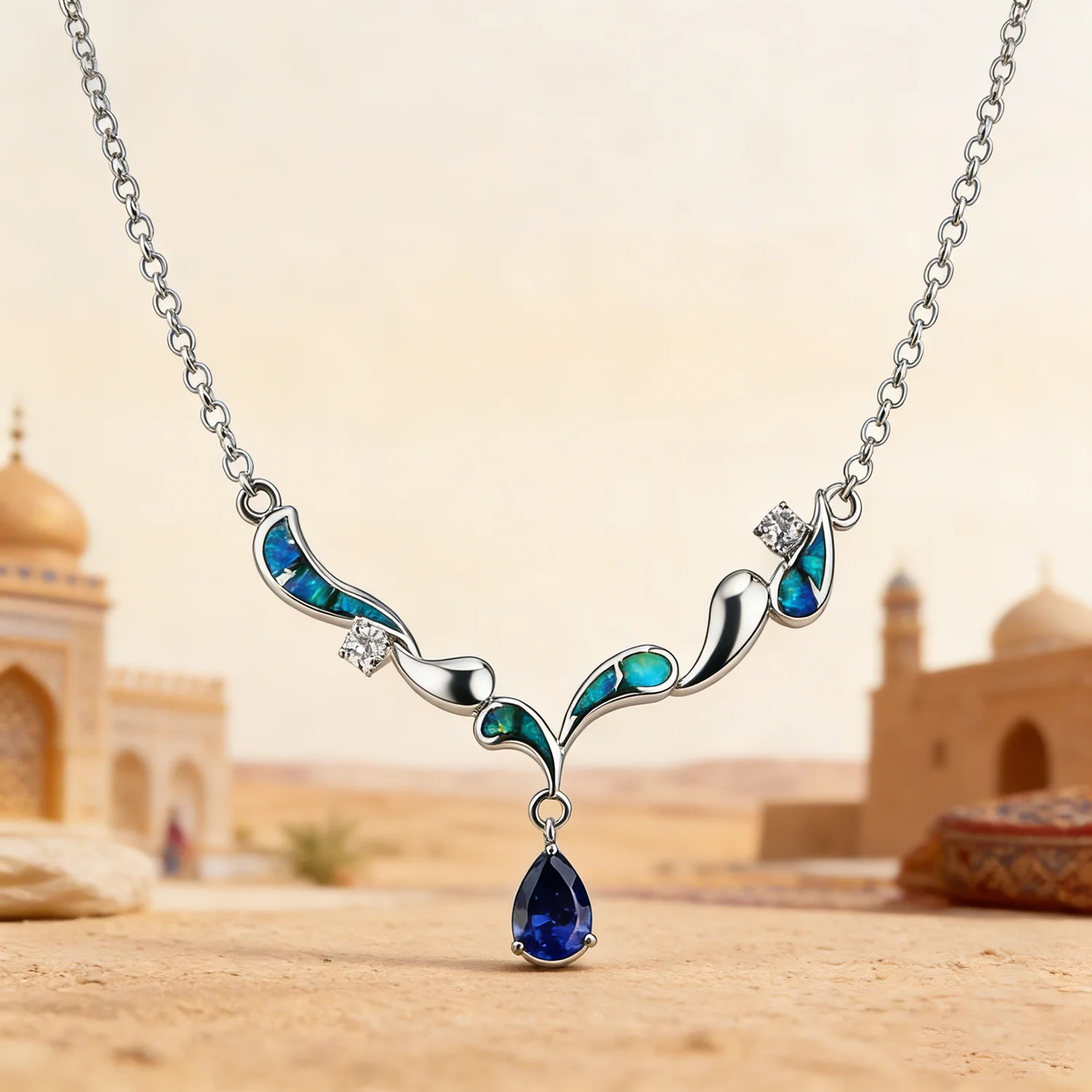

Trending Elegant Blue Opal Gemstone Link Necklace For Women Boho Style Pendant Christmas Charms Gifts Lover Girlfriend Present
