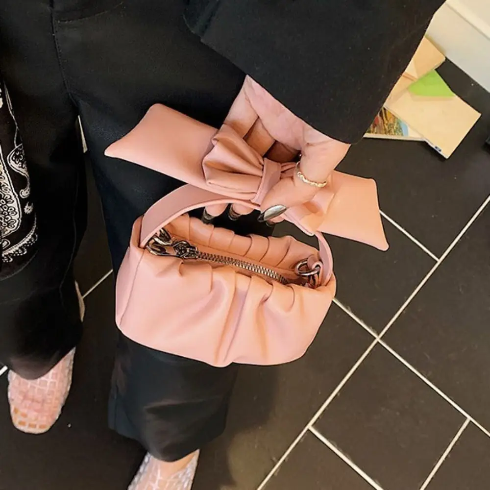 

Simple Solid Color Bow Crossbody Bag PU Leather Cute Pleated Cloud Shoulder Bag Mini Korean Style Women Handbag Girl
