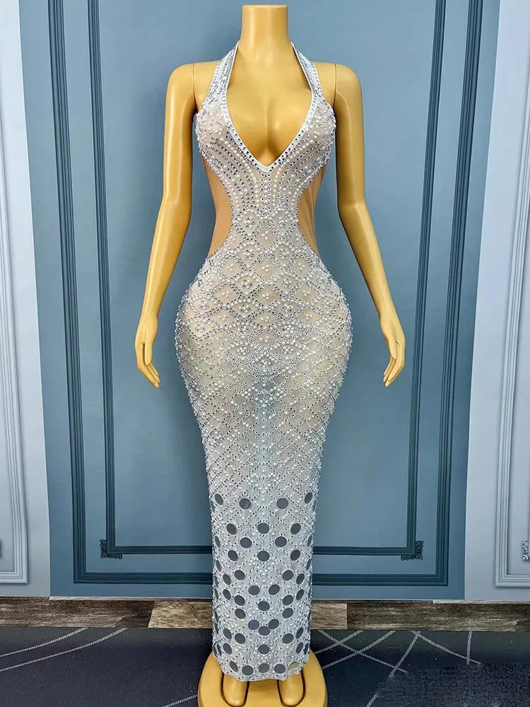 Vestido de mujer personalizado con lentejuelas y diamantes de imitación de alta calidad, vestido Sexy con cuello colgante y espalda descubierta, nueva moda 2025