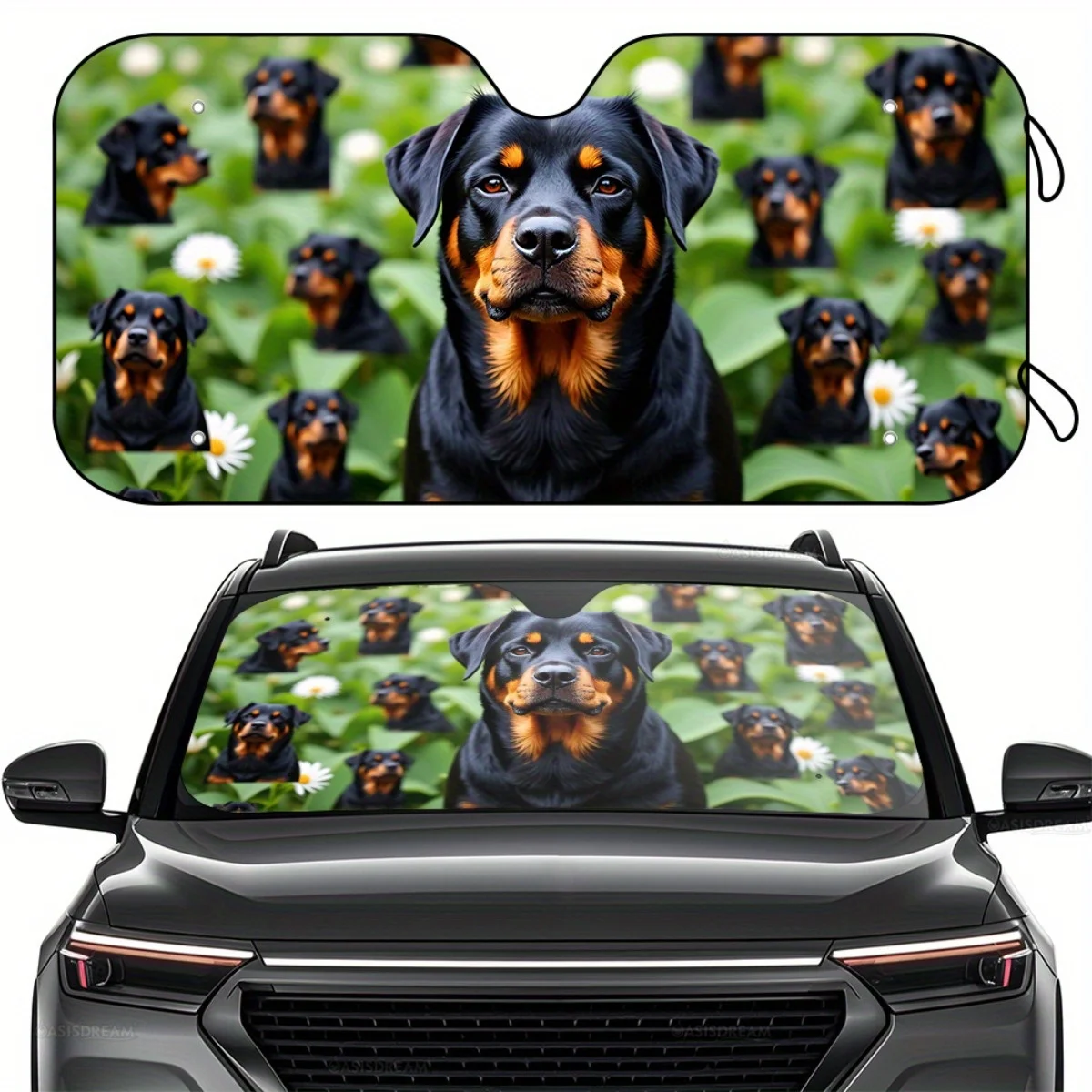 

1pc WILDLAVIE Rottweiler & Floral Print Car Sunshade - 57" X 27.5" Windshield Cover With 4 Free Suction Cups, Durable UV Protect