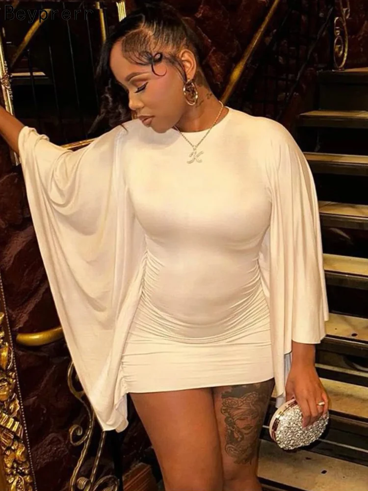 Beyprern Sexy Einfarbiges Fledermausärmel-Bodycon-Kleid für Damen Luxuriöses Abend-Party-Nachtclub-Outfit Mini-Kleid