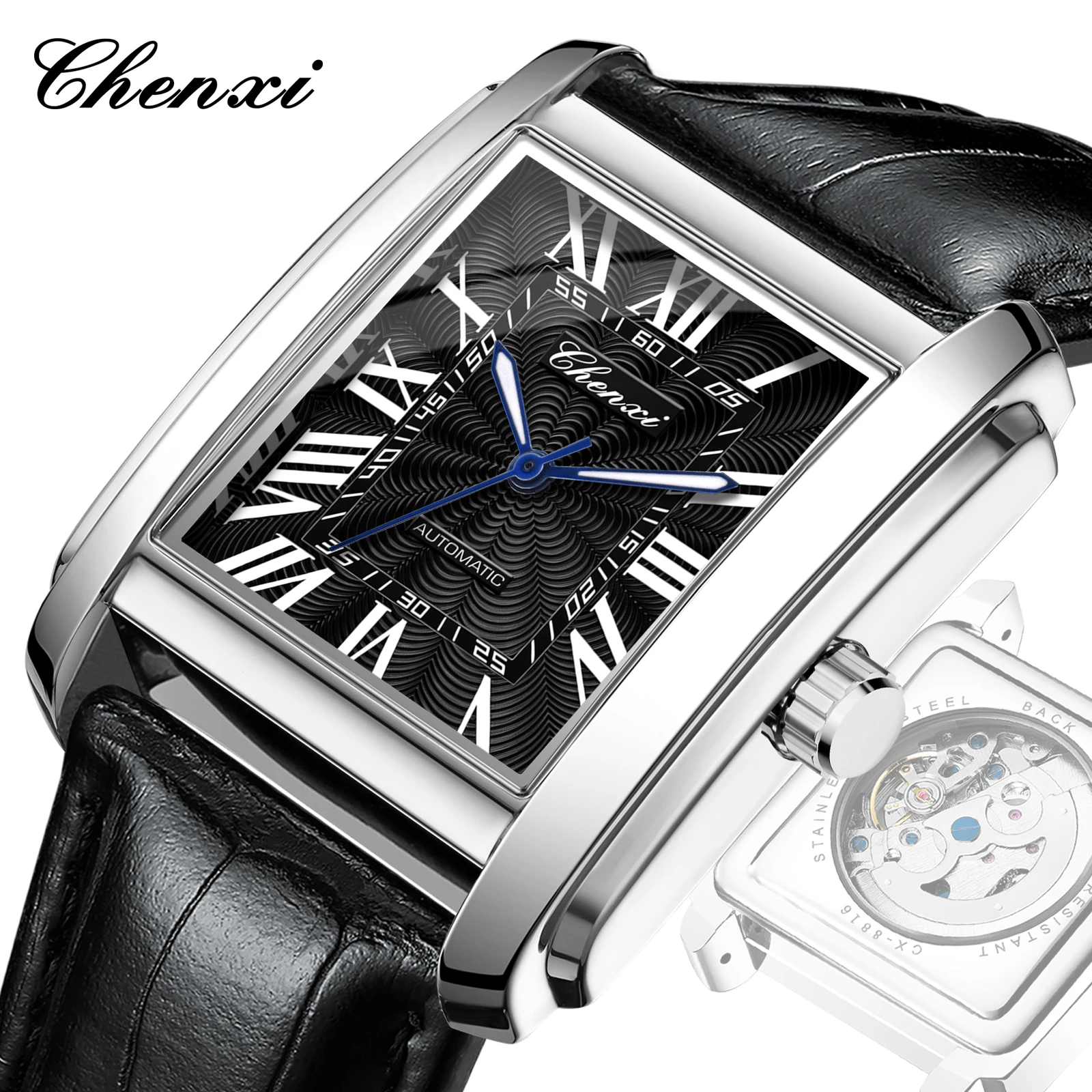 CHENXI Automatic Mechanical Men Watch Roman Numeral Rectangle Dial Waterproof Leather Steel Band Luxury Busines Wristwatch Gift