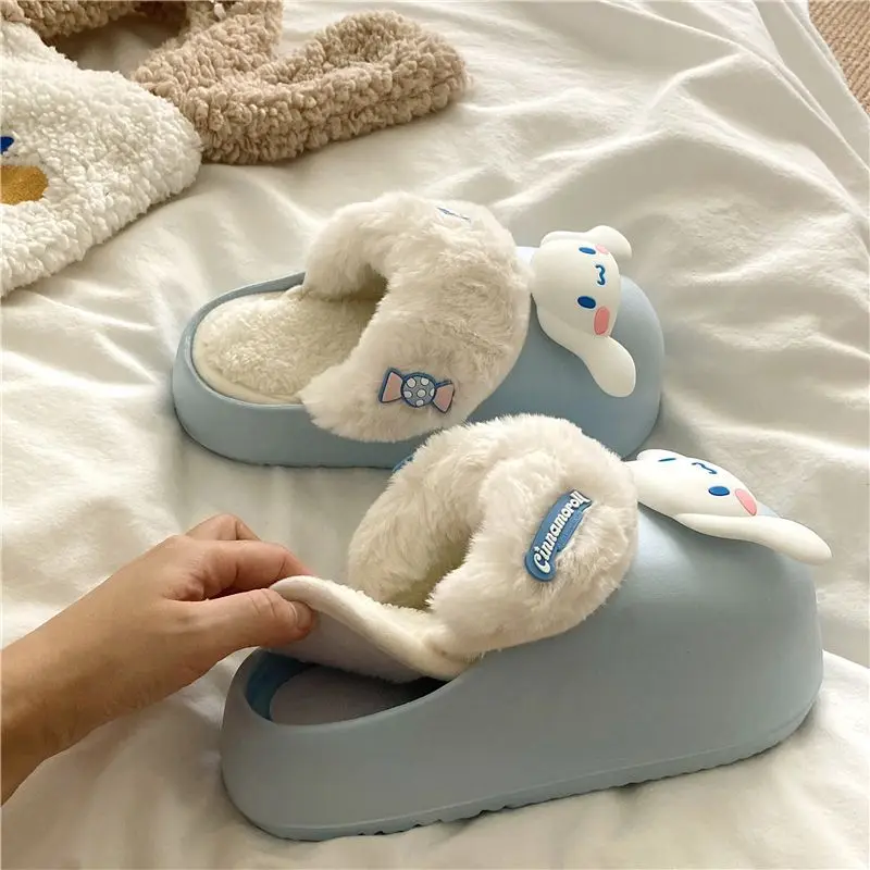 Cartoon Cinnamoroll My Melody Kuromi Winter Thick-Soled Waterproof Furry Slippers Kawaii Detachable Warm Couple Home Shoes