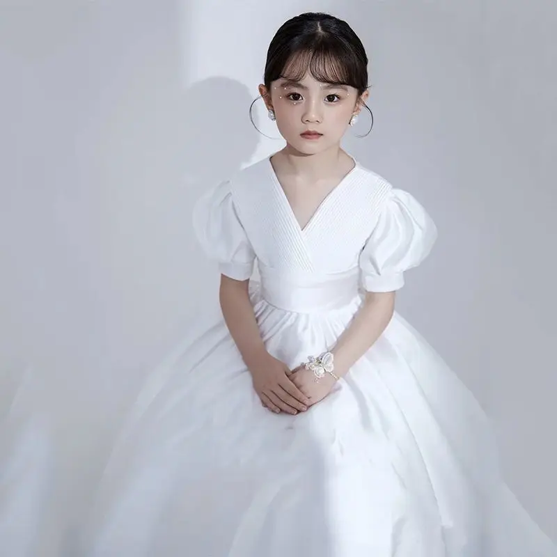 Children's Dress V-Neck White Patchwork Bow Short Sleeve Summer Clothes Fashion Girls Birthday Party Princess Long Dress 3-8year