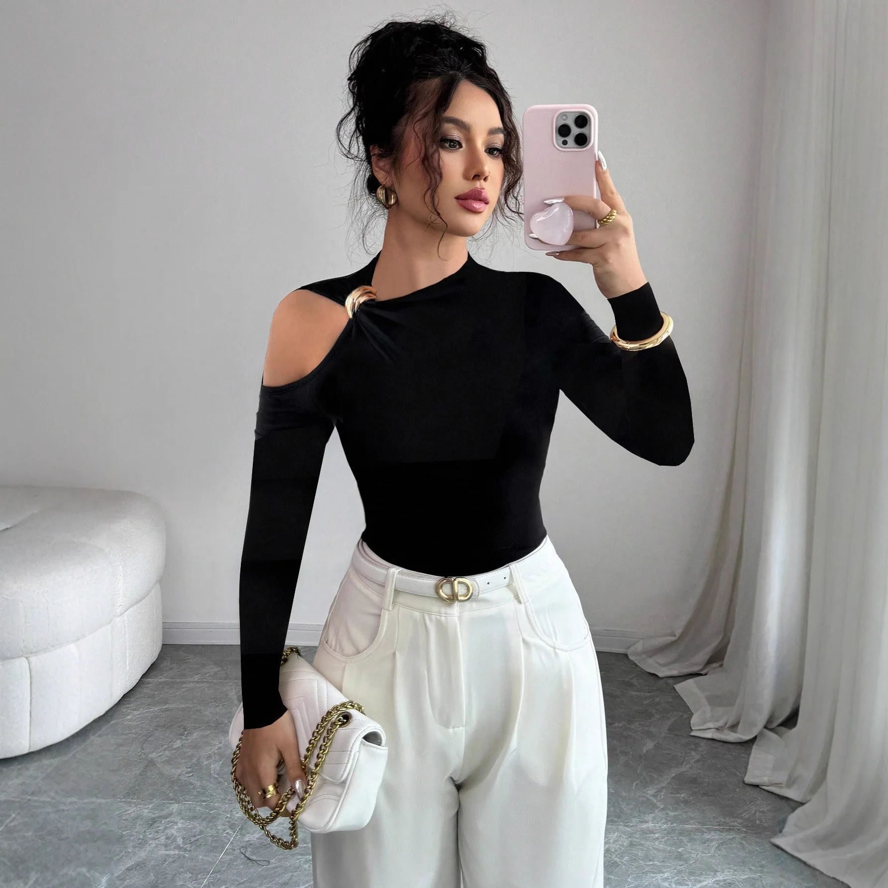 

2025 new Europe and America collar off-the-shoulder long sleeve shirt metal-decorated slimming top for women