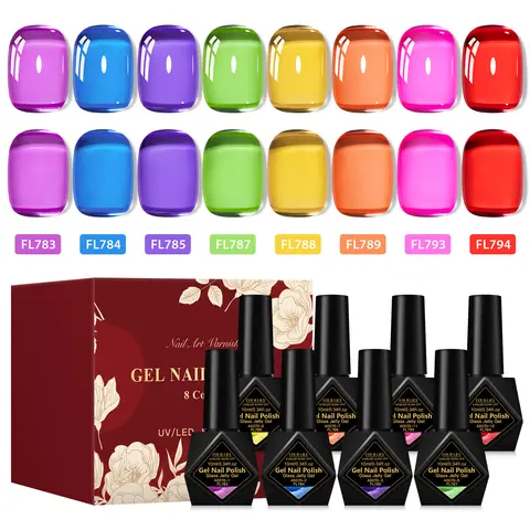 8pcs 10ml Jelly Glass Gel Nail Polish Set Semi-transparent Red Purple Gel Polish Varnish Nail Art Semi Permanent UV Gel Varnish