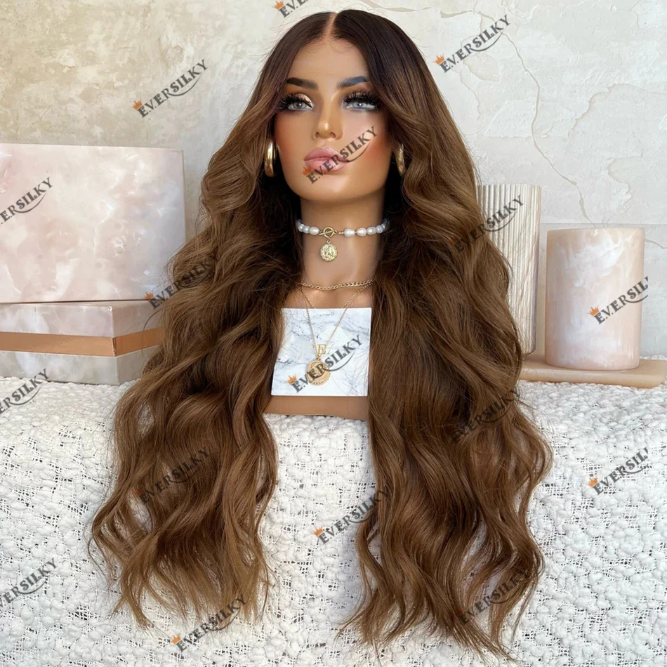 250 Density Body Wave Dark Root Ombre Cool Brown Human Hair 360 Lace Frontal Wig Natural Hairline Indian Remy Human Hair Wig