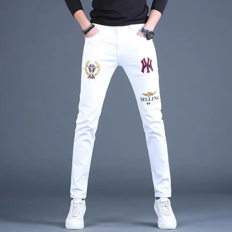 Korea Version Men’s Light Weight Jeans,Stylish Slim Stretch Jeans,High Quality Embroidery Jeans,Stylish Sexy Street Jeans;