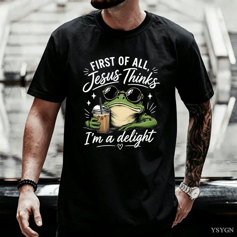 First of All Jesus Thinks I'm A Delight T-shirt Funny Christian Frog Graphic T Shirts Coffee and Jesus Tshirt Faith Cotton Tops