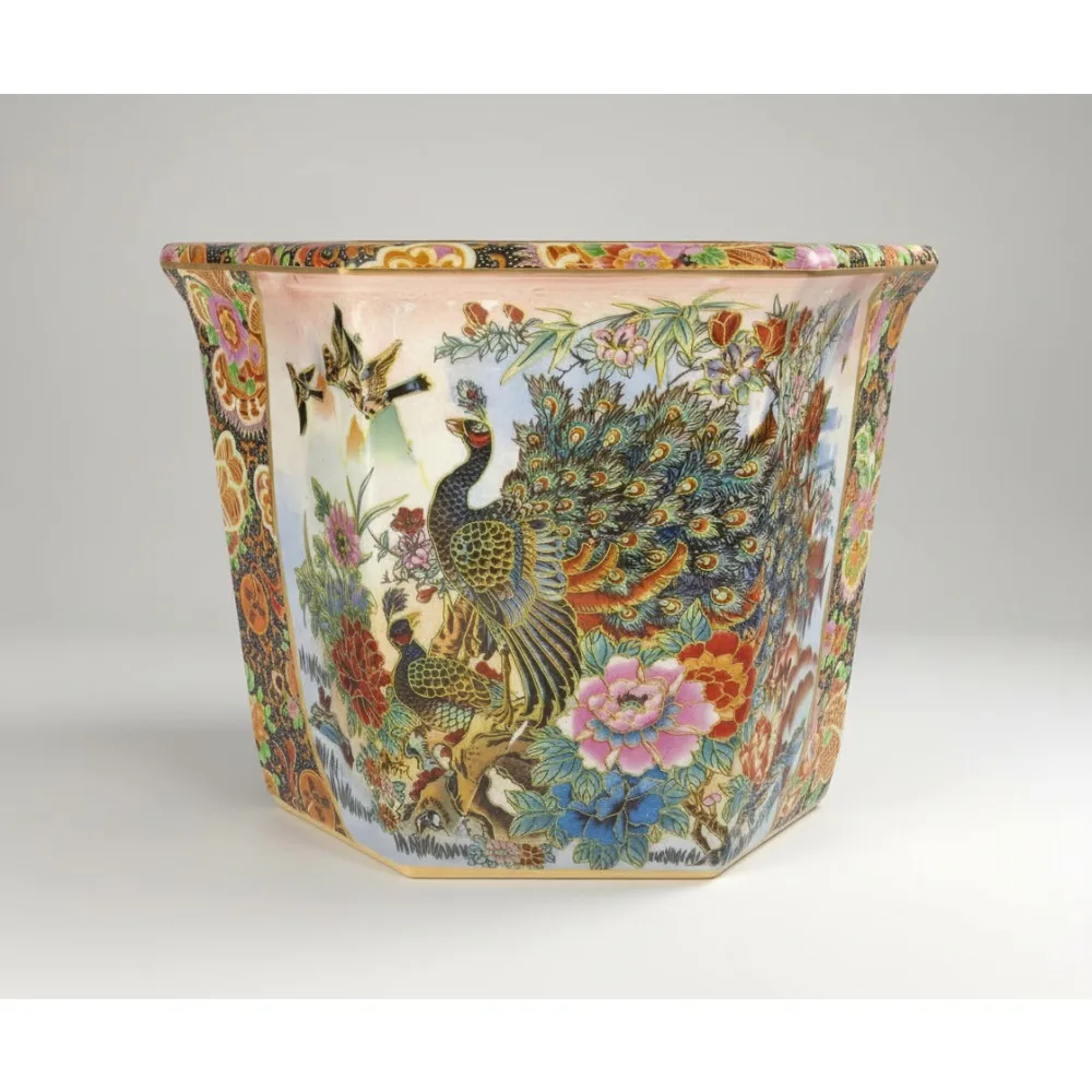 

10" Hexagonal Porcelain Flower Pot Hand Painted Peacock Garden Decor Indoor Outdoor Planter