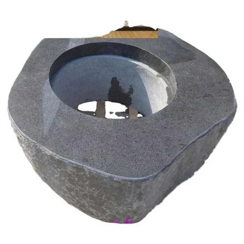 Natural Grey Granite Round Outdoor Dining Table with Fireplace Barbecue Garden Fire Pit Stone Furniture