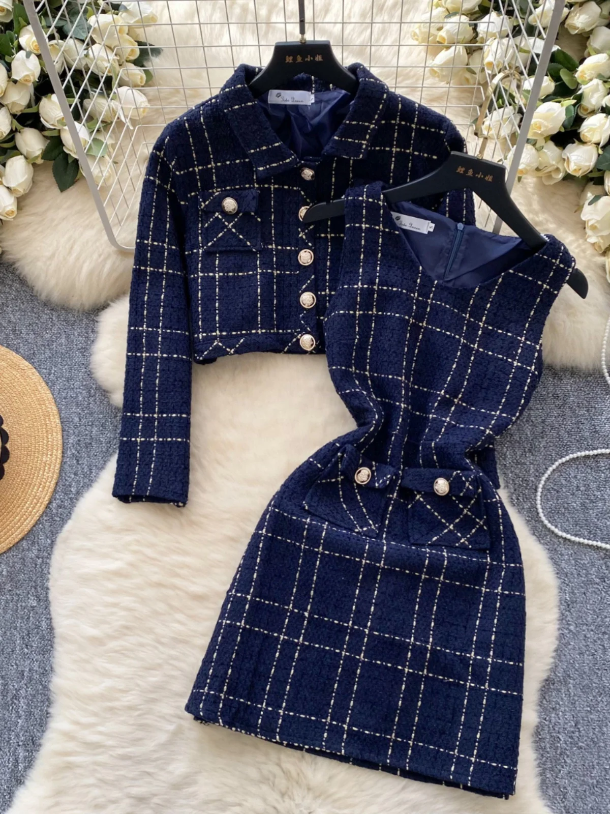 

Ele ort Jaet Coat Women's Waist-Cinching Svel Woolen Dr Faionable Two-piece Set High Waist Commute Sle