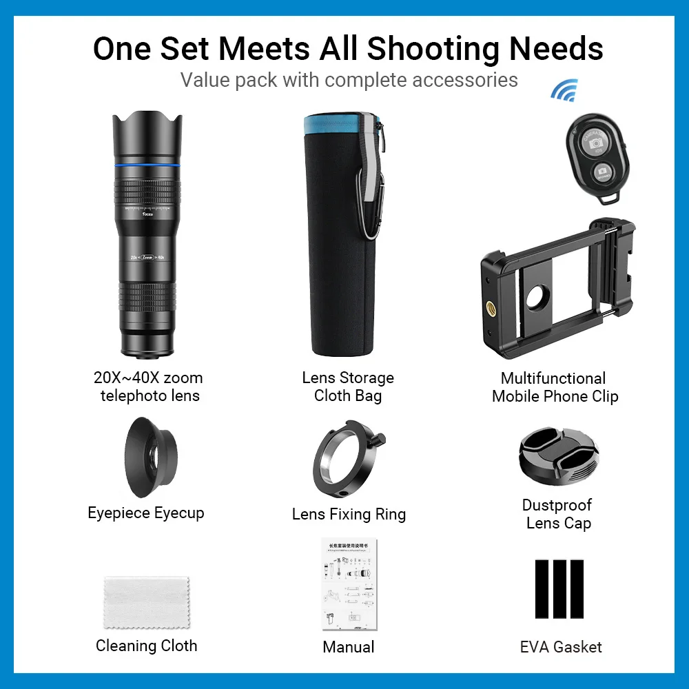 APEXEL 2020 Newest 3in1 Phone 20x-40x Zoom Telescope Lens+Mini Selfie Tripod + Remote Control Monocular Telephoto Mobile Lenses