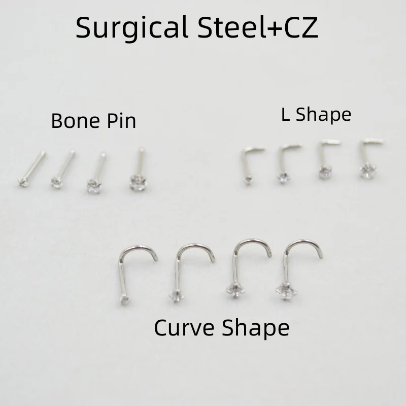 Wholesale 50pcs/Lot 20G Sliver Color Zircon Nose Stud Surgical Steel Nostril Bone Pin L Screw Shape Ring Body Piercing