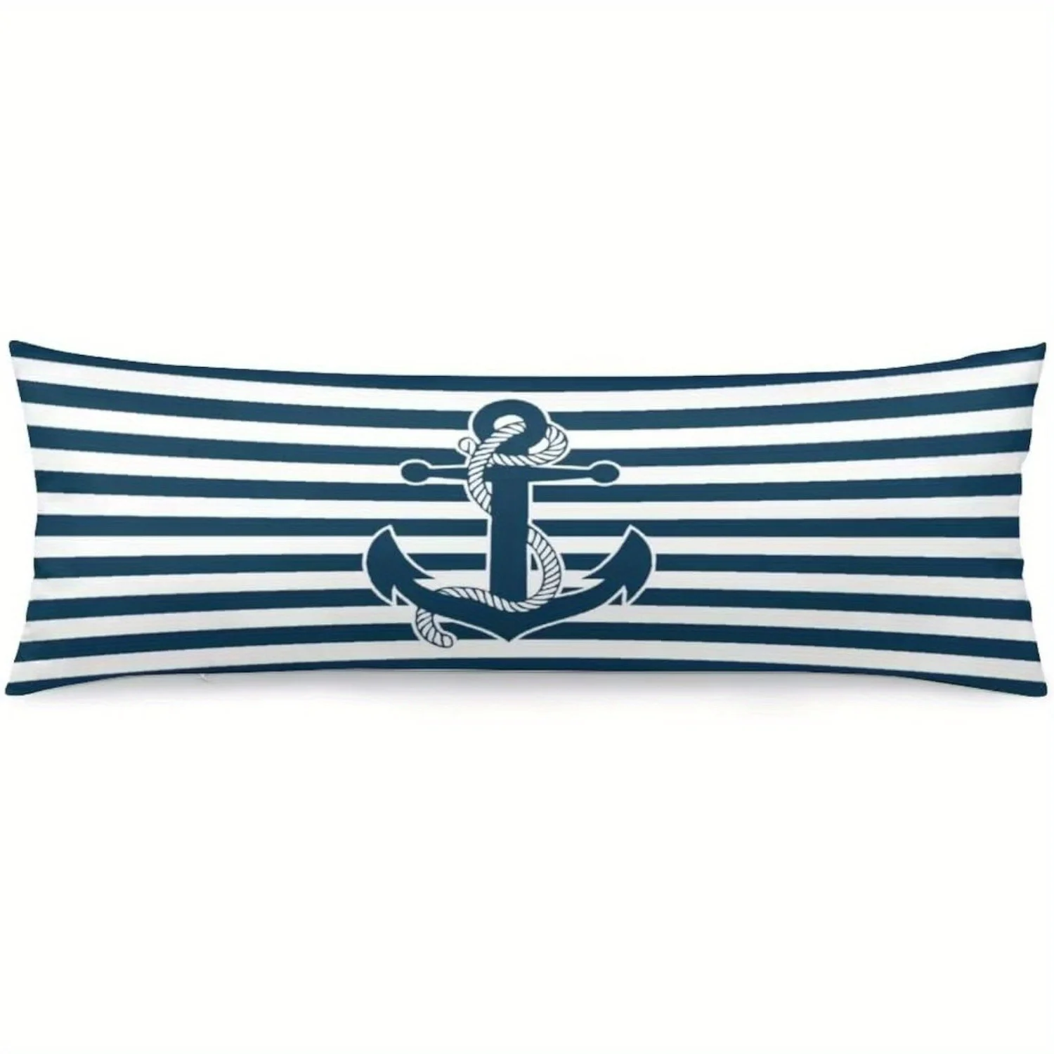 One Piece, Navy Blue Nautical Body Pillow Cover with a Vintage Sailing Anchor Design, Blue And White Striped Long Pillow Case wi
