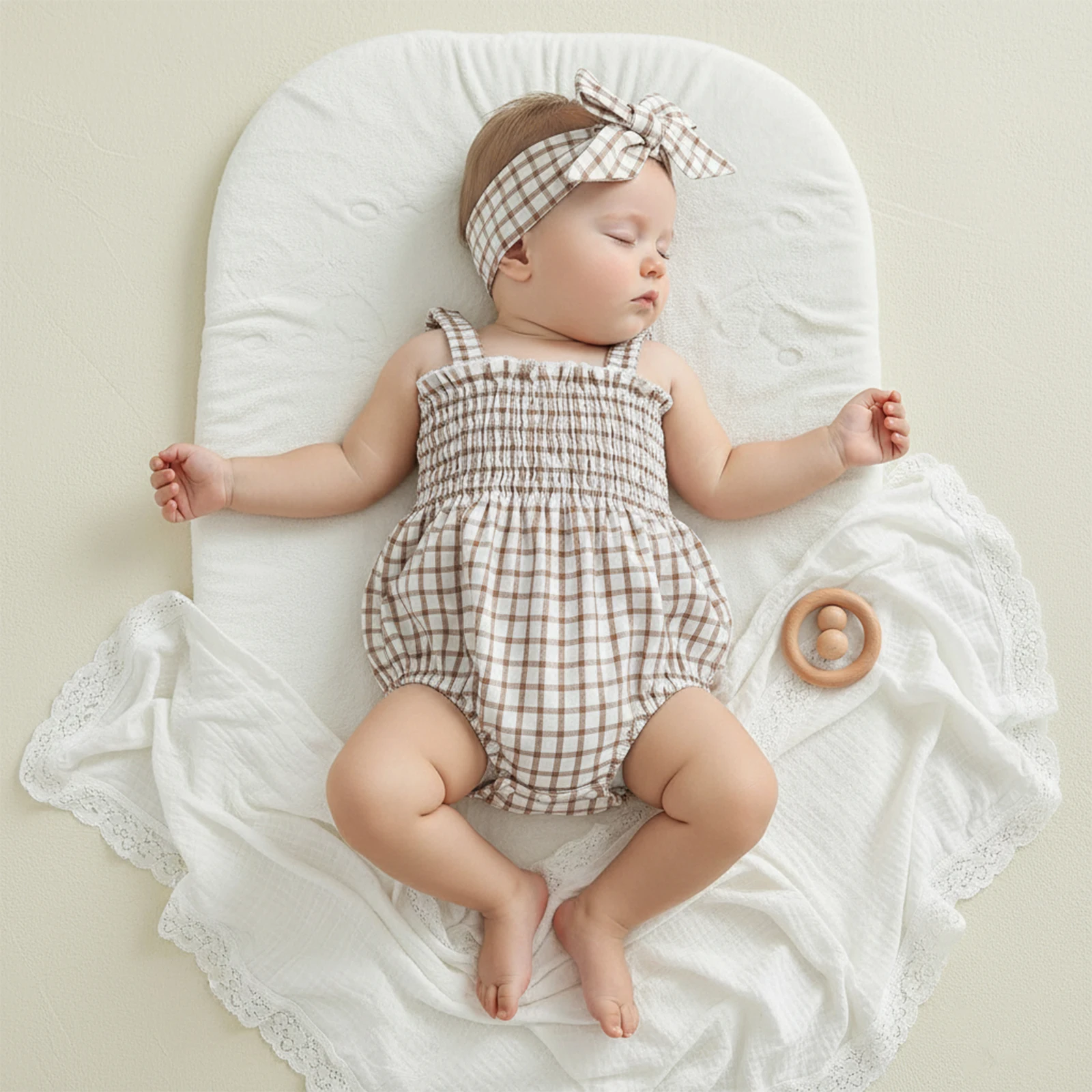 Lovely Summer Newborn Baby Girls Casual Rompers Sleeveless Backless Plaid Print Ruffes Ruched Jumpsuits Headband Outfits