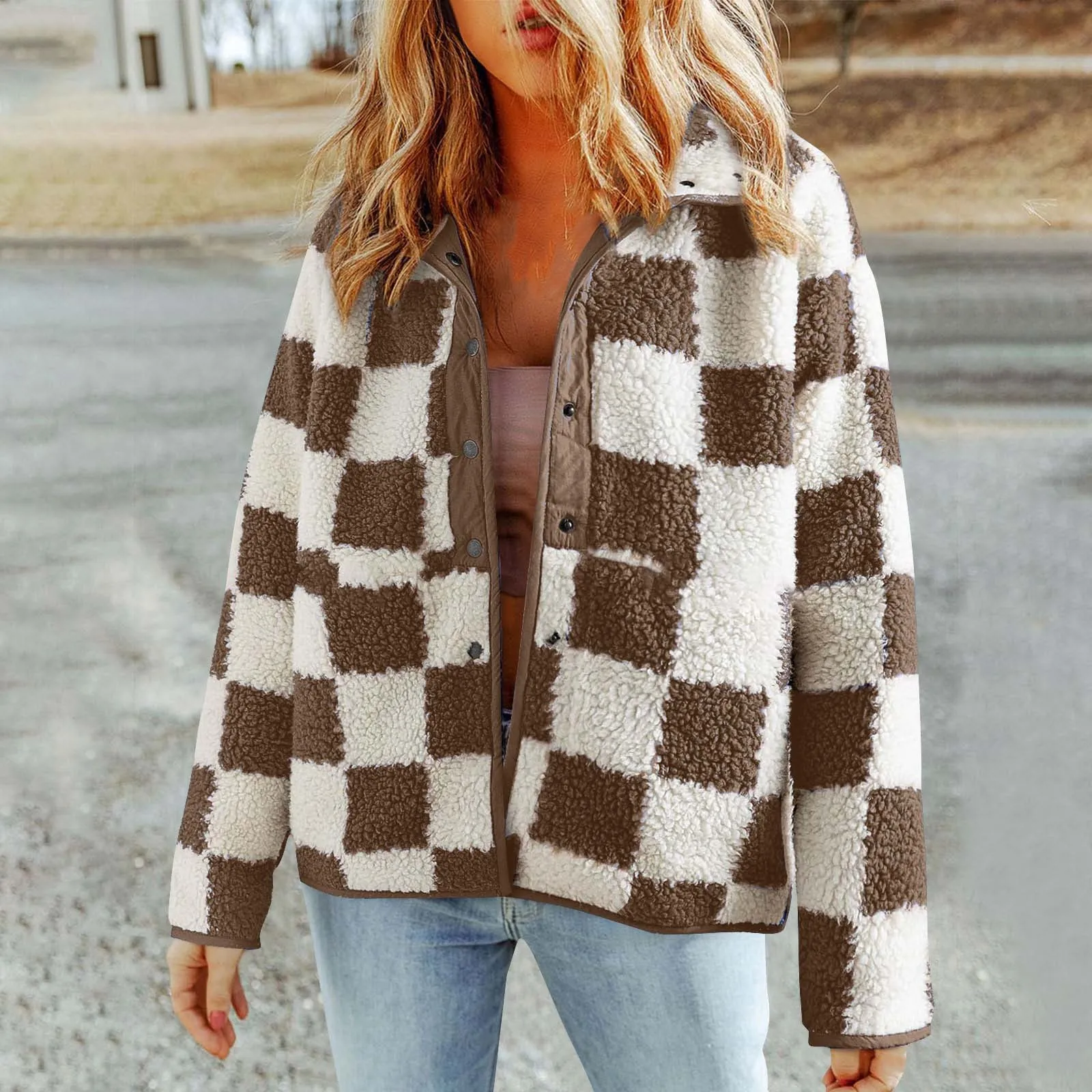 Women Fleece Plaid Jackets Patchwork Contrast Color Oversized Lapel Plush Shacket Fall Winter Warm Button Down Outwear Pockets