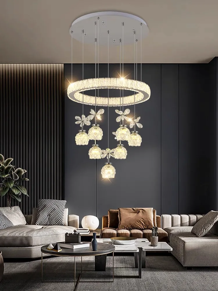 Modern Led Crystal Petal Ceiling Chandelier for Living Room Bedroom Kitchen Round Chrome Home Decor Hanging Light Lustre Fixture