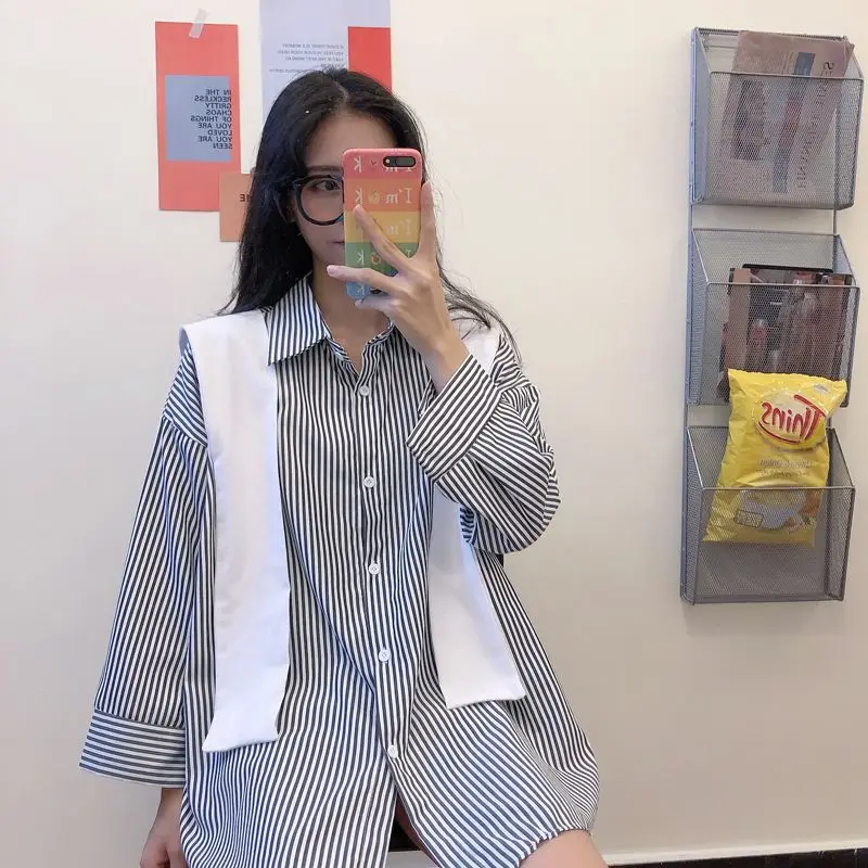 

Повседневная полосатая свободная рубашка с длинными рукавами в корейском стиле, женская модная универсальная повседневная рубашка в студенческом стиле
