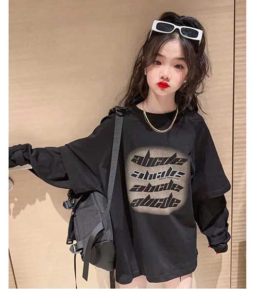 Coole Baby-Mädchen-Oberteile, Sweatshirt mit Buchstabenmuster, Langarm, O-Ausschnitt, Pullover, Kinder, lässiger lockerer Hoodie, Baumwolle, Kinderkleidung – Detail 3