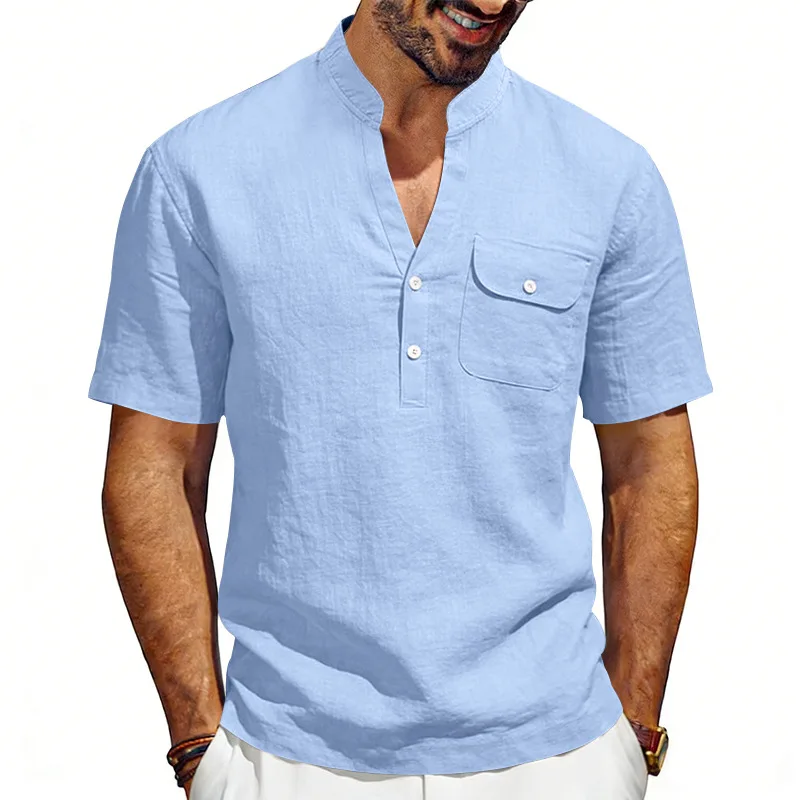 

2026 Men Summer Shirt Solid Color Henley Shirt Casual Loose Short Sleeve Tops Beach Daily Wear Men Breathable Comfort Blouse