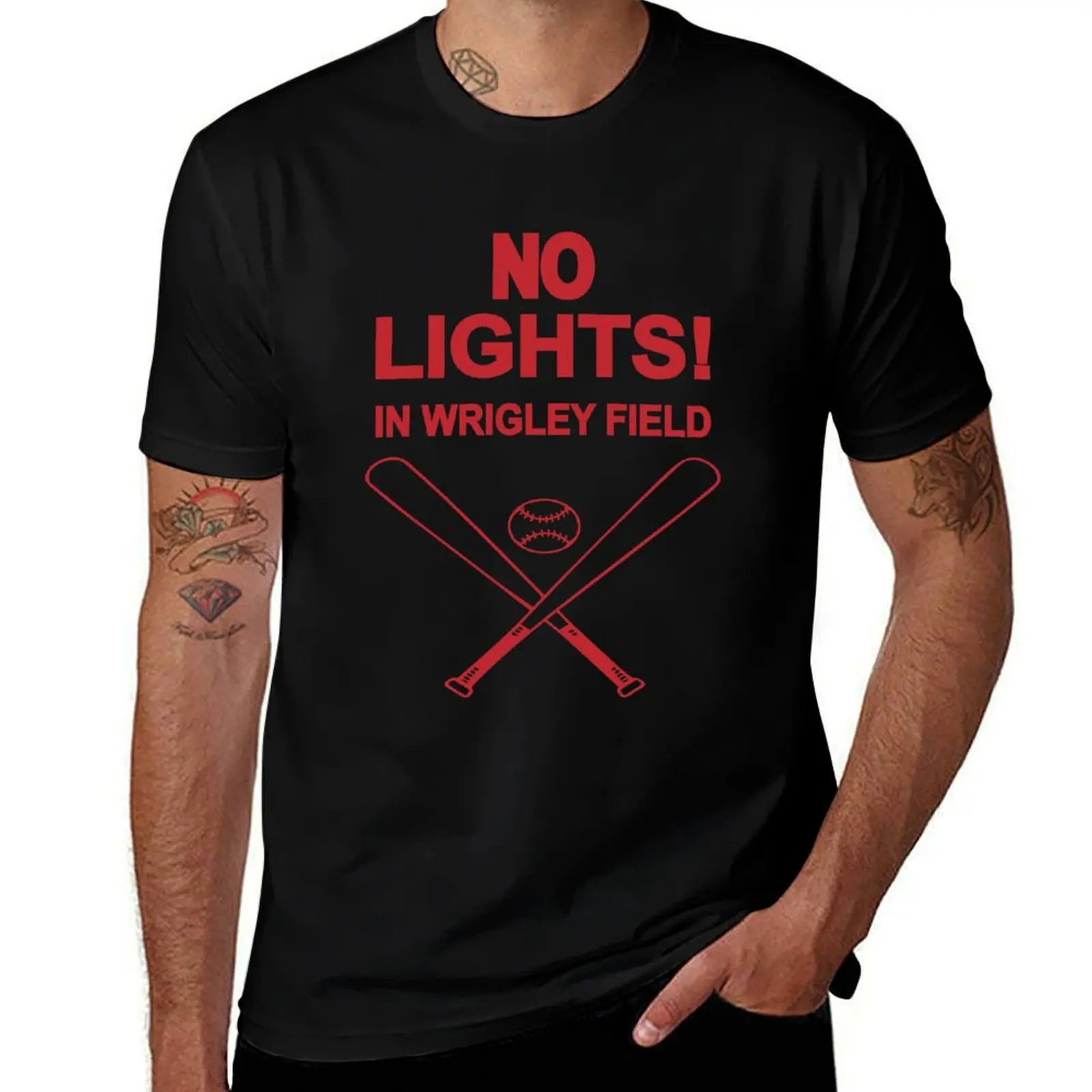 NO LIGHTS! IN WRIGLEY FIELD - red font transparent background - T-Shirt man t shirt tops oversized sports fans men t shirt