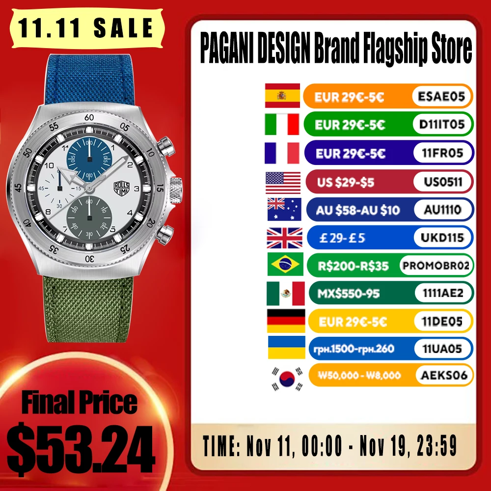 

RollsTimi Men's Watch Chronograph Luxury Quartz Wristwatch VD55 Watches For Man Stainless Steel Synthetic Sapphire Mirror Clocks