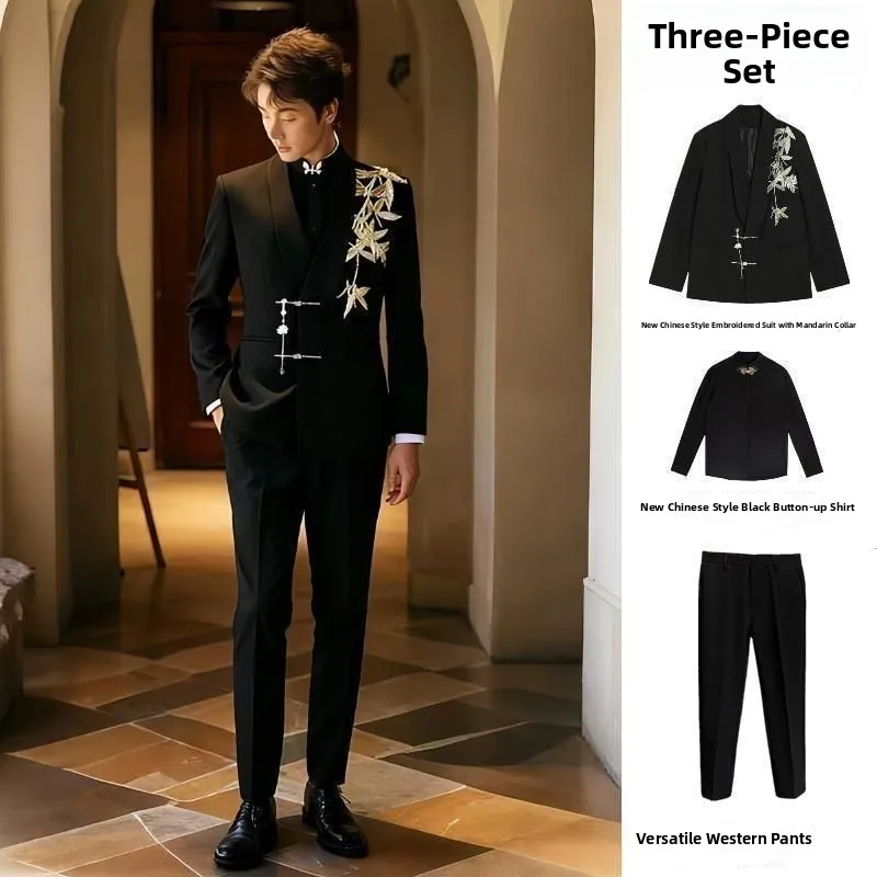 

New Chinese Style Wedding Suit Men's Wedding Ceremony Clothes Groomsmen High-End Outerwear Spring Autumn Standard Fit