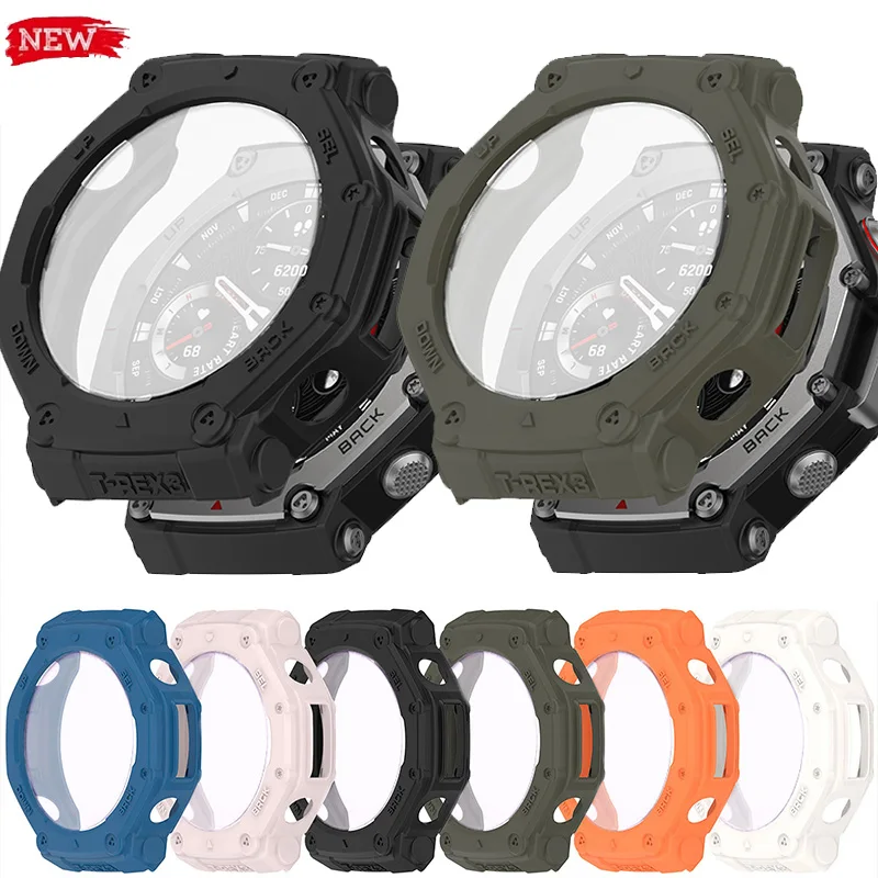 Gehärtete Glasfolie + Stoßstange, Silikon-Schutzhülle, Zubehör für Amazfit T-Rex 3, kratzfeste Displayschutzfolie, Glas + Hülle