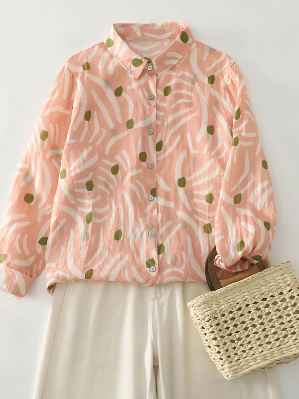 

Women's plus Size Cotton Print Casual irt Long Sve Turn-down Collar Loose Fit Autumn Top Faion Ladies Premium Clothing