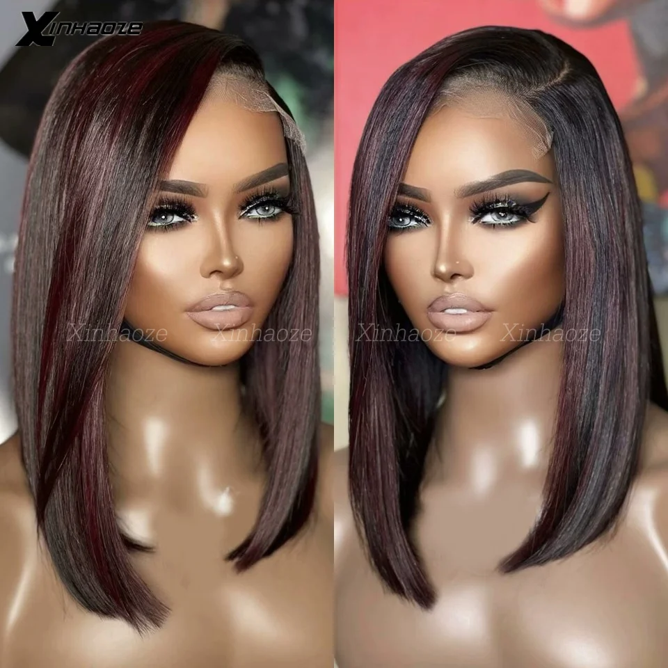 Side Part Silk Base Highlight Black 1b/99J Burgundy Red Bob 13x4 Lace Front Human Hair Wigs Short Straight Bob Human Hair Wigs