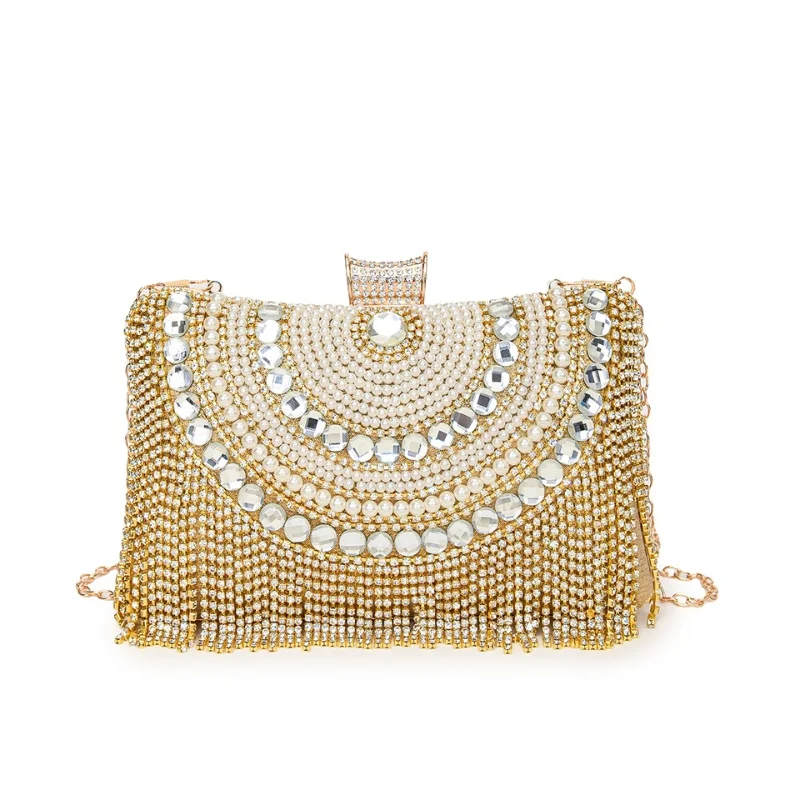 

Rhinestones Tassel Clutch Diamonds Beaded Metal Evening Bags Chain Shoulder Messenger Purse Evening Bags For Wedding Bag
