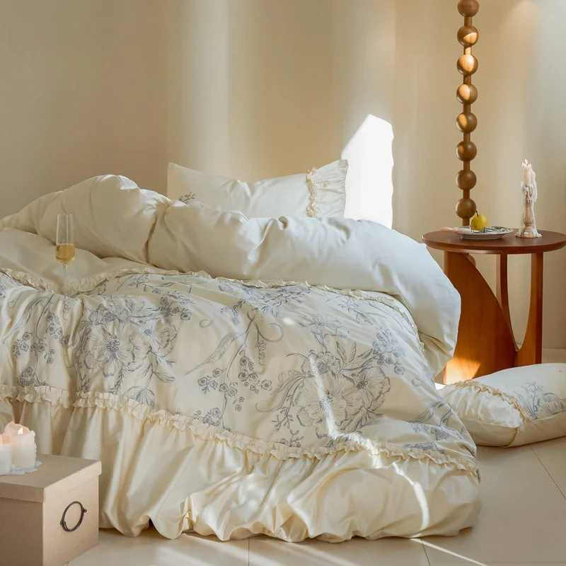 French light luxury satin long-staple cotton four-piece set, high-grade pure cotton quilt cover sheets