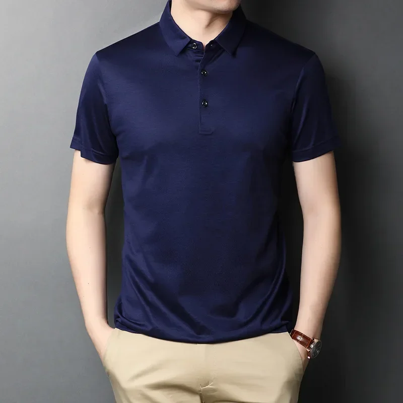 

2023 New Summer Fashion Men Polo Shirts Slim Fit Luxury Natural Silk Breathable Short Sleeve Solid Famous Brand Shirts Clothes