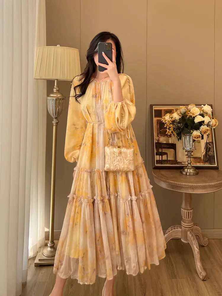 

Printed French Slim Waist Dress Spring Beaded Tencel Elegant Long Dress Women's High Sense Celebrity Long Sleeve Big Swing Skirt