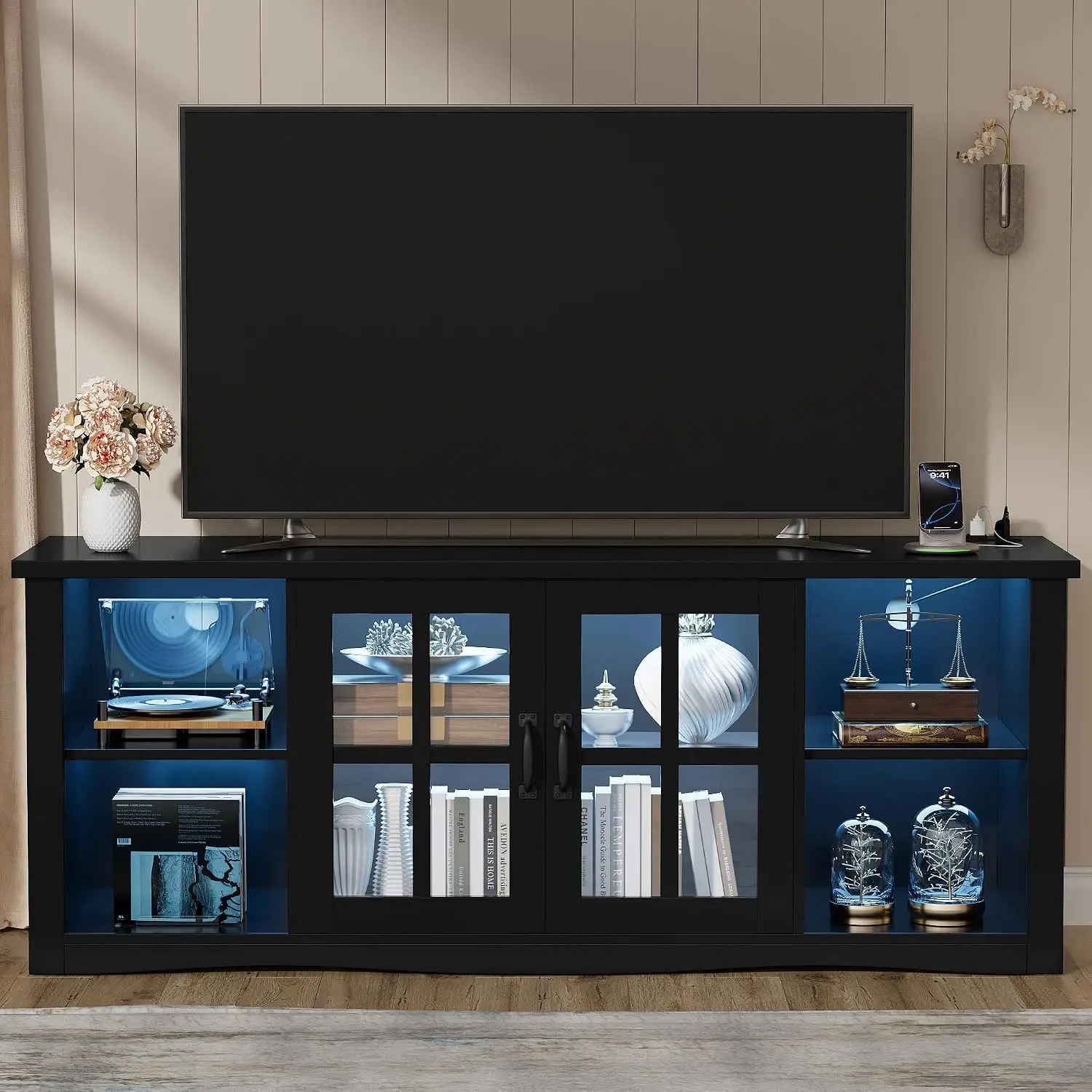 58 Inch Farmhouse TV Stand with Glass Doors for 65