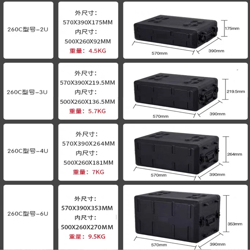 2024 New PE Plastic Flight Case With 260mm Deep Power Amplifier Wireless Microphone Case Shock-proof Double Door Cabinet Audio