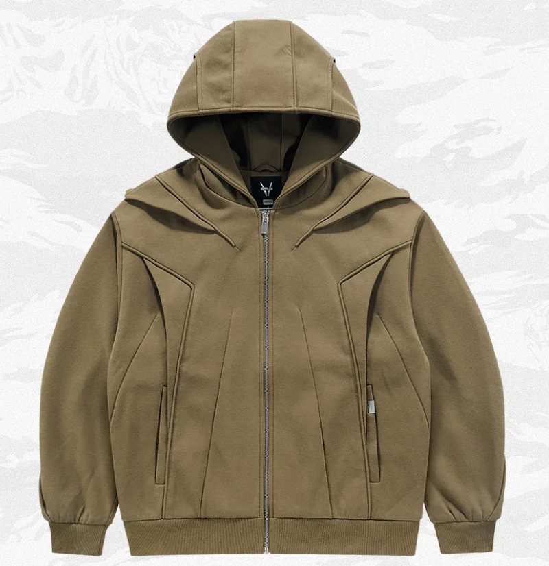 Deconstructive design sense hooded solid color multi-level zipper cardigan jacket