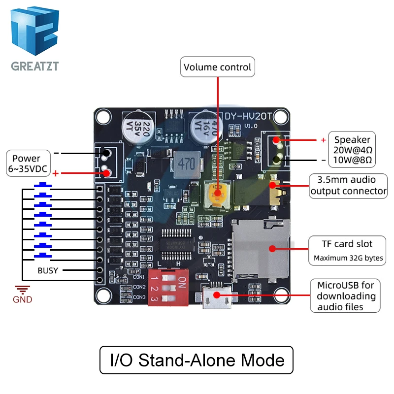 GREATZT DY-HV20T 12V/24V power supply10W/20W Voice playback module supporting Micro SD card MP3 music player for Arduino