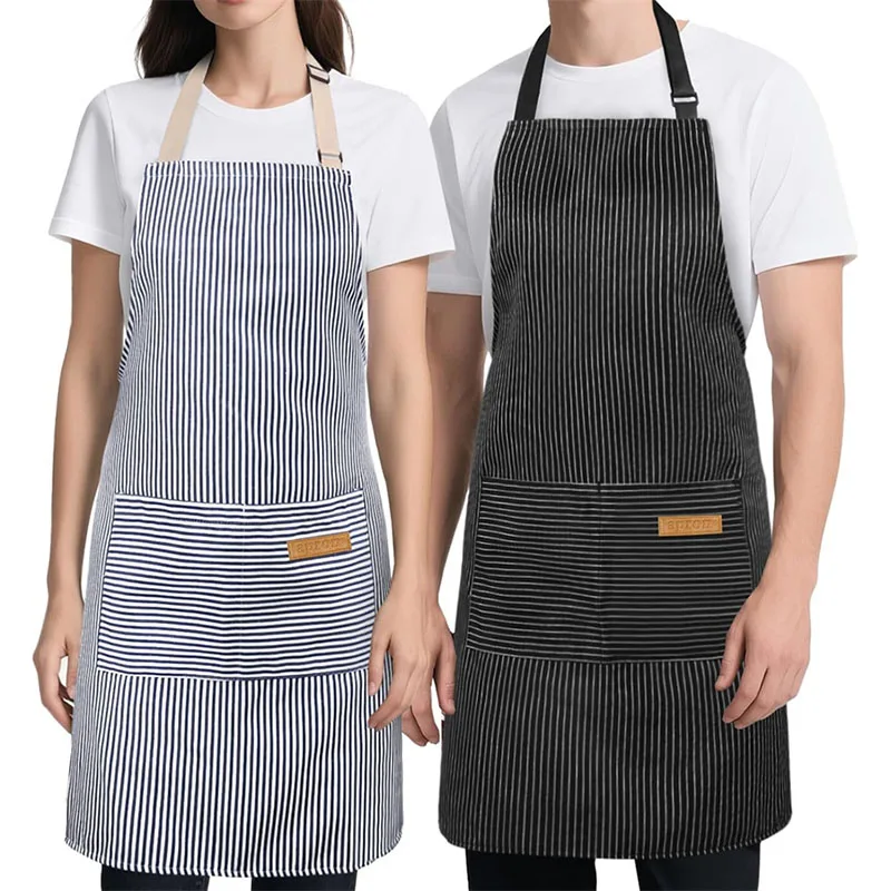 Kitchen Cooking Aprons Adjustable Bib Aprons with Adjustable Neck Strap and Long Tie 2 Pockets Cotton Linen Chef Cooking Apron